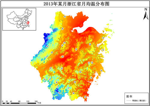 2013年浙江省各月月均温分布数据