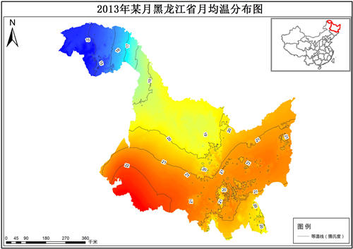 2013年黑龙江省各月月均温分布数据