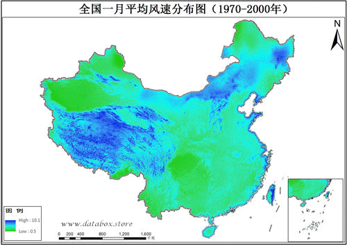 全国月均风速空间分布数据[1970-2000]
