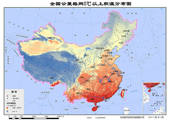 全国大于0℃积温空间分布信息服务