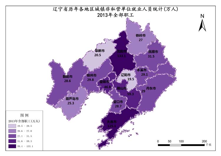 辽宁省2013年各地区城镇非私营单位全部职工